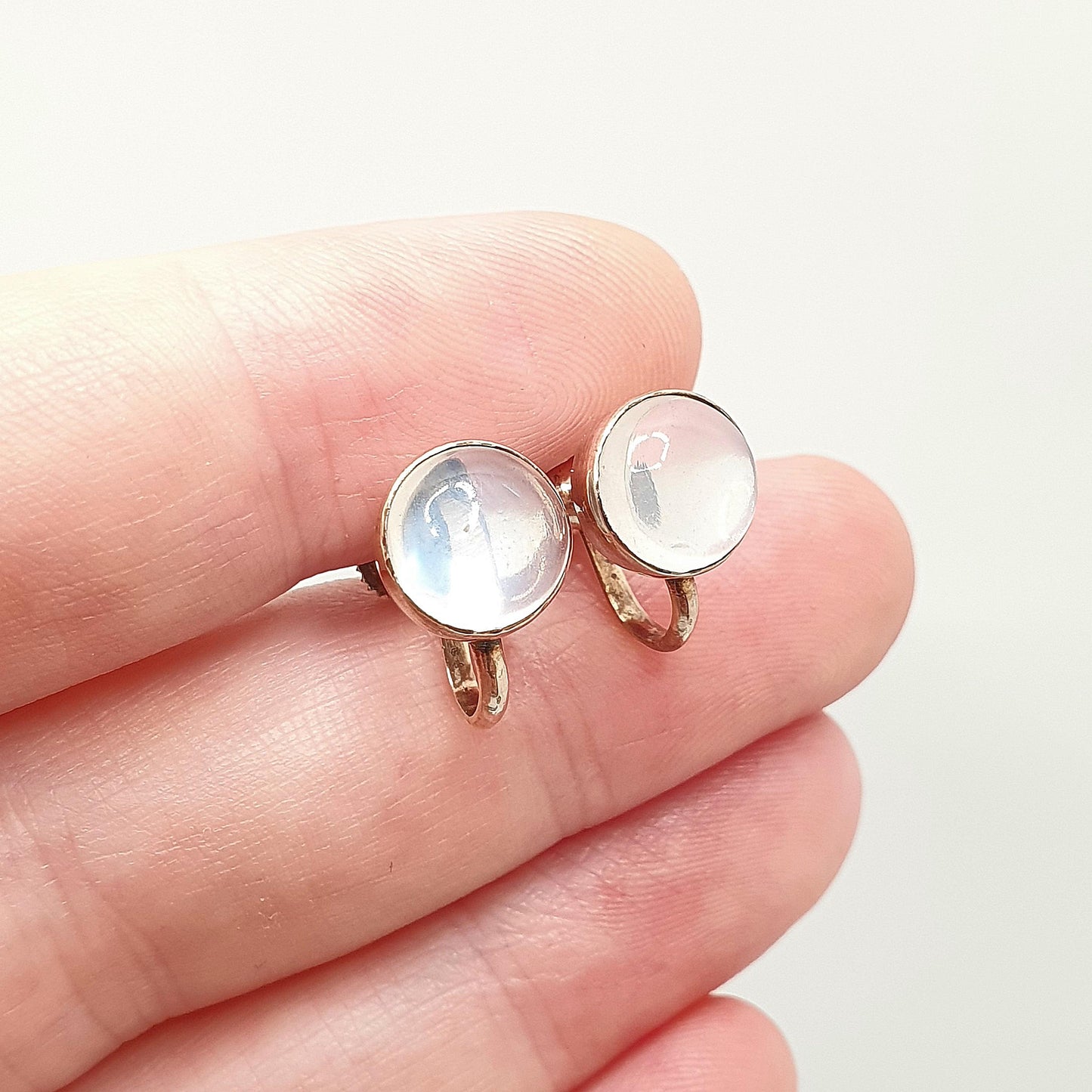 Antique 9ct Gold Moonstone Earrings Victorian Solid 9k 9kt Screw Back Round Cabochon Adularescence Womens Vintage Jewelry Jewellery