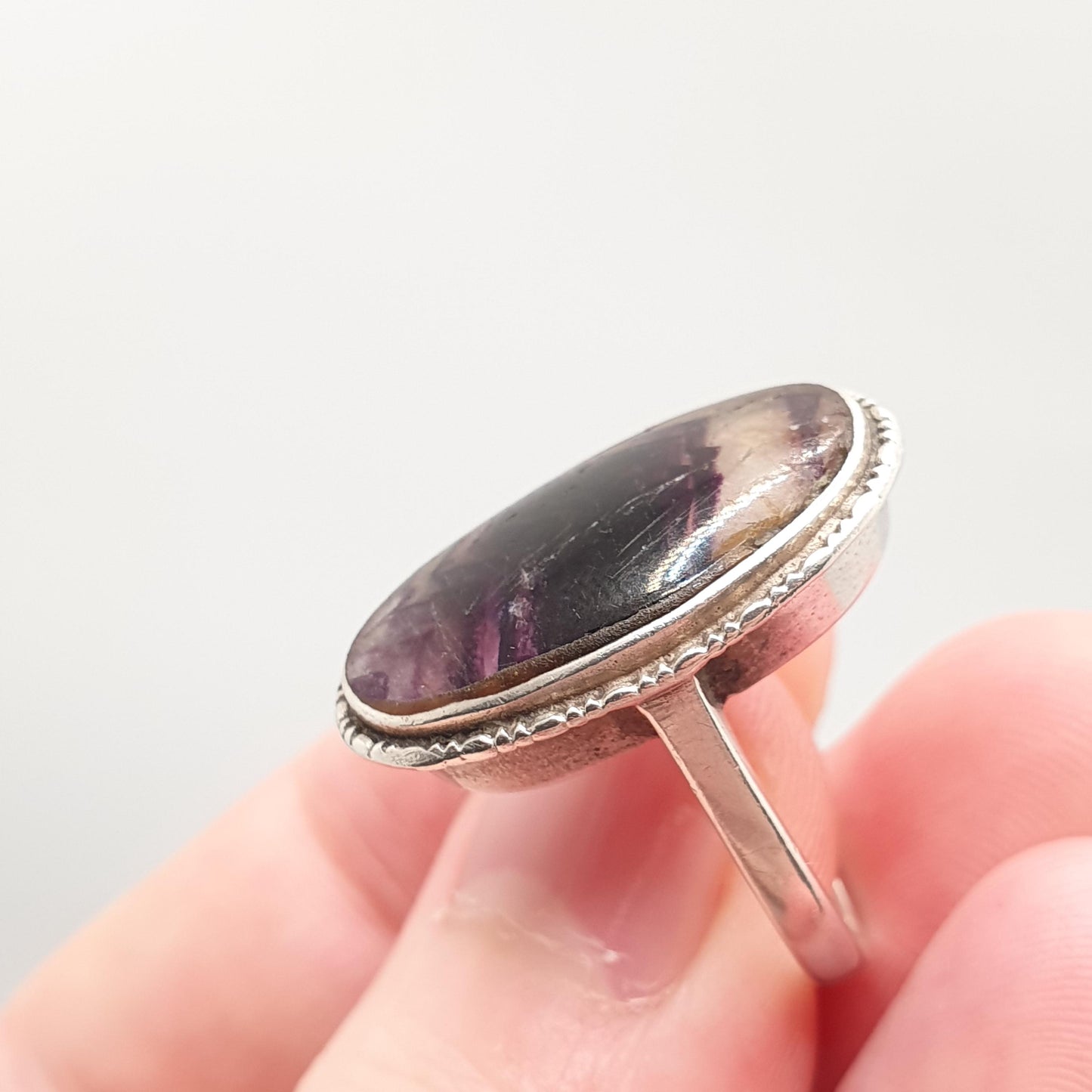 Antique Blue John Sterling Silver Ring Art Deco Large Signet Bleu Jaune Womens Big Rare Gemstone Jewelry Jewellery