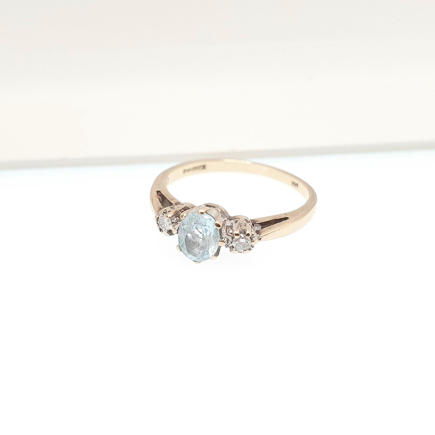 Vintage 9ct 9k Gold Aquamarine Ring Diamond Trilogy Solid 375 Oval Cut Cyan Blue Genuine Real Retro Ladies Womens Jewelry Jewellery