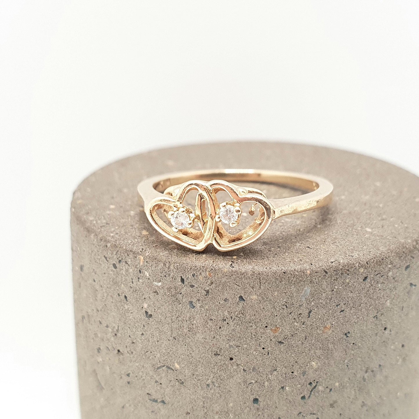 Vintage 10k Gold Double Heart Diamond Ring Solid 10kt 417 Genuine Natural Gemstone Jewelry Jewellery Womens