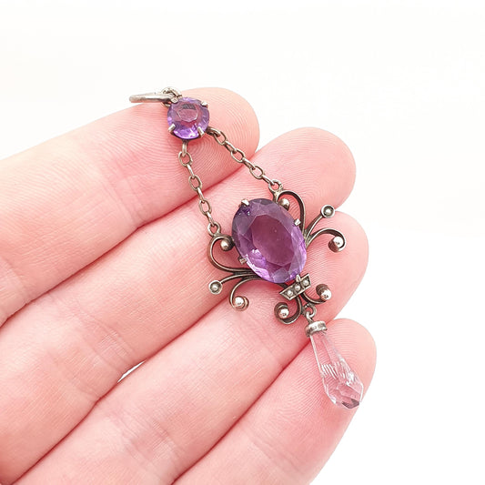 Antique Solid Silver Amethyst Seed Pearl Pendant Necklace Victorian Hanging Teardrop Art Nouveau Genuine Gemstone Womens Vintage