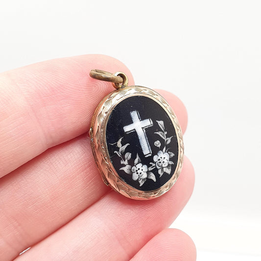 Antique 9ct Gold Locket Black Enamel Crucifix Cross Back and Front Mourning Victorian Pendant 9k 9kt Vintage Jewelry Jewellery