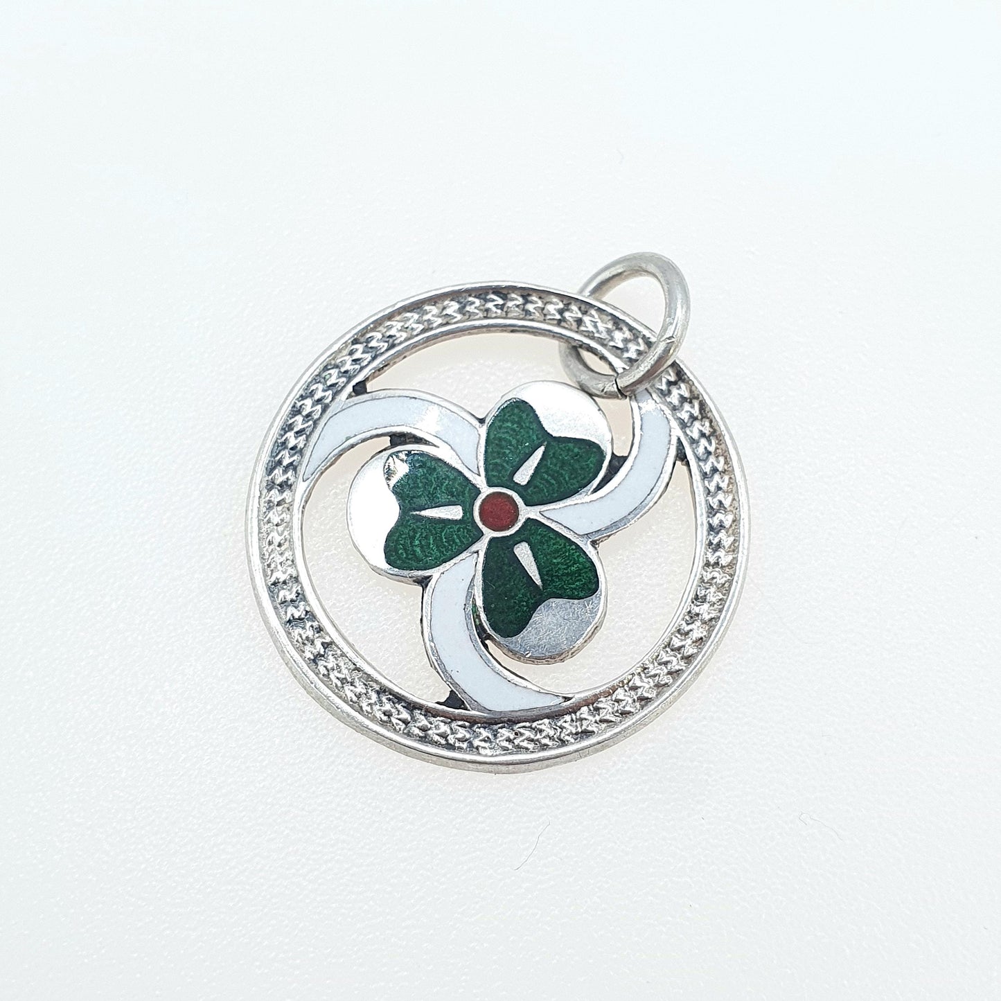 Antique Sterling Silver Clover Pendant Fob Necklace Enamel Three Leaf 1913 Hallmark Irish Good Luck Jewelry Vintage Jewellery Mens Womens