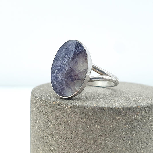 Antique Solid Silver Blue John Ring Signet Oval Cut Cabochon Genuine Womens Rare Fluorite Gemstone Mens Jewelry Jewellery UK I.5 US 4.5