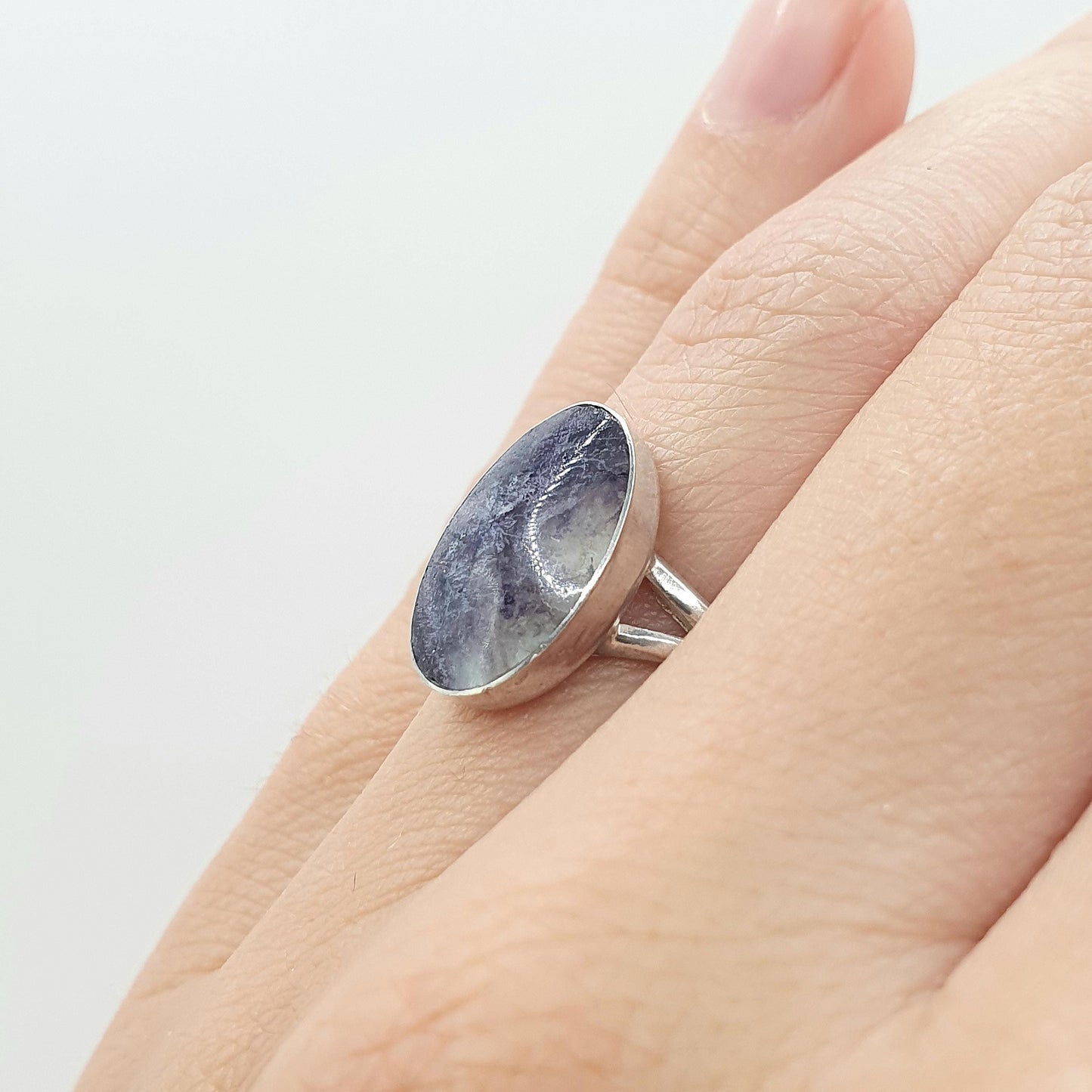 Antique Solid Silver Blue John Ring Signet Oval Cut Cabochon Genuine Womens Rare Fluorite Gemstone Mens Jewelry Jewellery UK I.5 US 4.5