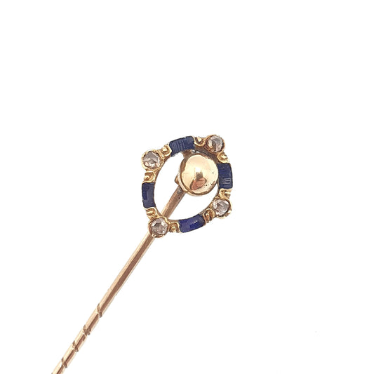 Antique 18ct Gold Diamond Stick Pin Blue Enamel Victorian Solid 18k Head 9ct 9k Pin Natural Gemstone Jewelry Vintage Jewellery