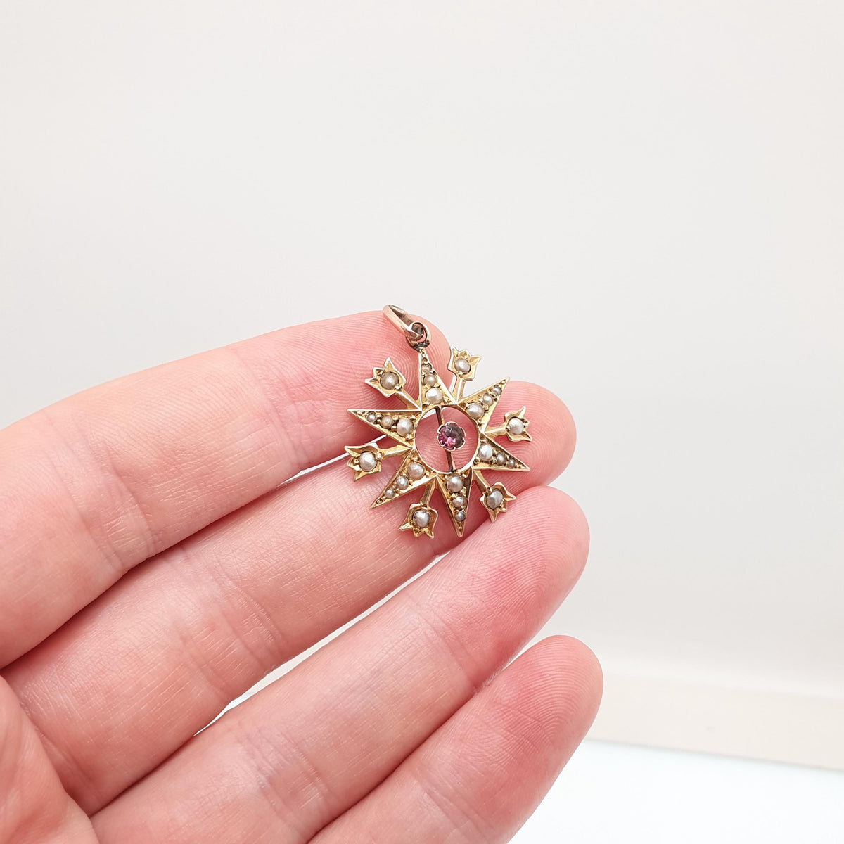 Antique 9ct Gold Star Pendant Amethyst Seed Pearl Necklace Solid 9k 9kt Celestial Flower Vintage Womens Jewellery Jewelry