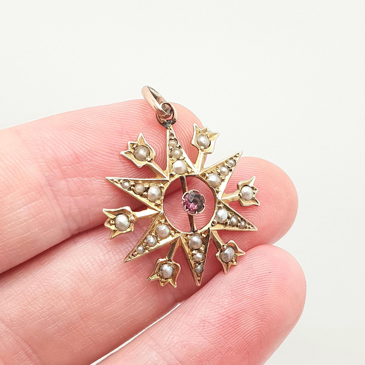 Antique 9ct Gold Star Pendant Amethyst Seed Pearl Necklace Solid 9k 9kt Celestial Flower Vintage Womens Jewellery Jewelry