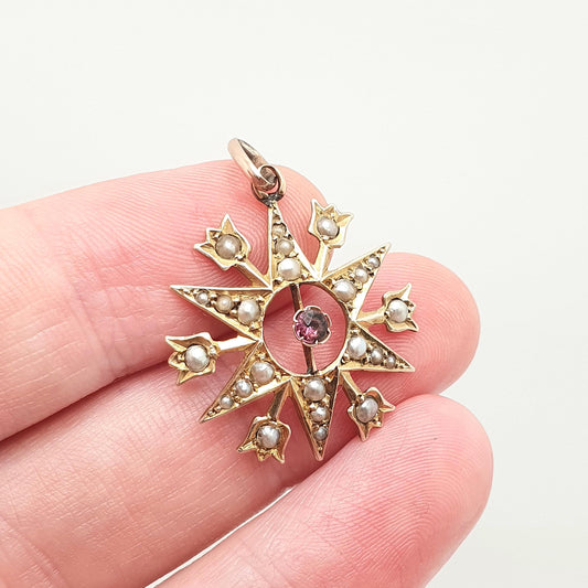 Antique 9ct Gold Star Pendant Amethyst Seed Pearl Necklace Solid 9k 9kt Celestial Flower Vintage Womens Jewellery Jewelry