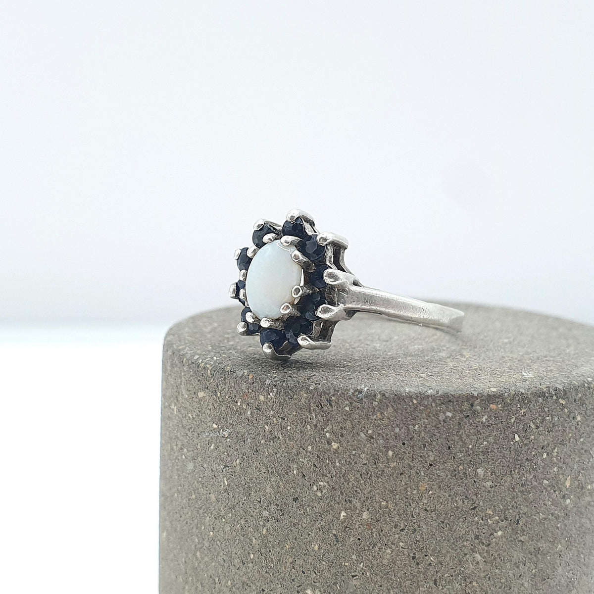 Vintage Solid Silver Sapphire & Opal Ring Halo Cluster Genuine Gemstone Oval Cut Womens Jewelry Jewellery UK M.5 US 6.5