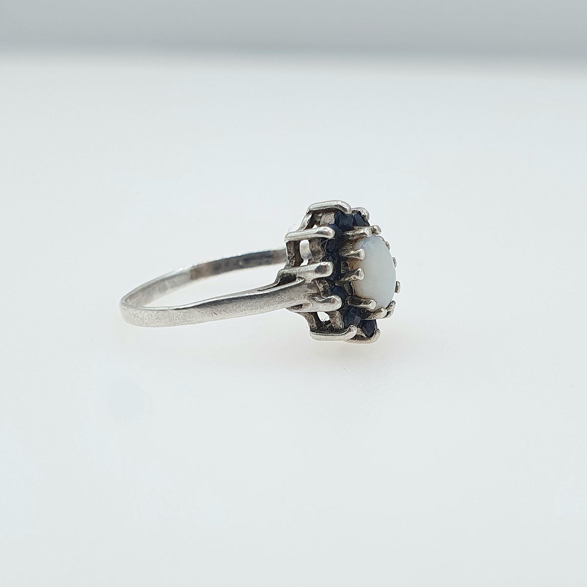 Vintage Solid Silver Sapphire & Opal Ring Halo Cluster Genuine Gemstone Oval Cut Womens Jewelry Jewellery UK M.5 US 6.5