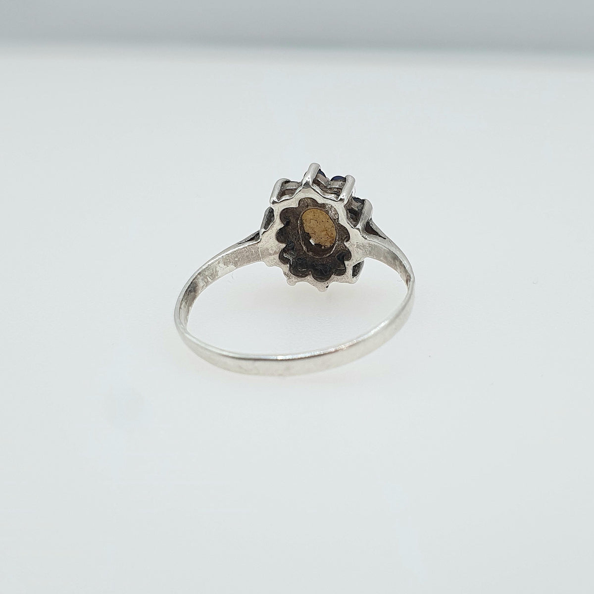 Vintage Solid Silver Sapphire & Opal Ring Halo Cluster Genuine Gemstone Oval Cut Womens Jewelry Jewellery UK M.5 US 6.5