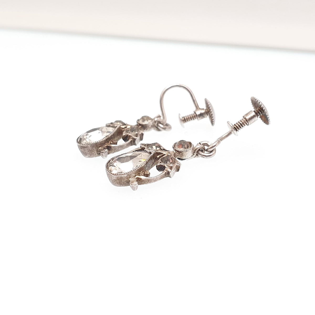 Antique Victorian Solid Silver Diamond Paste Earrings Pear Cut 1800s Screw Back Art Nouveau Sparkly Vintage Jewelry Jewellery