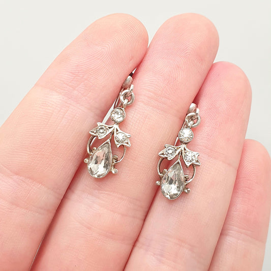 Antique Victorian Solid Silver Diamond Paste Earrings Pear Cut 1800s Screw Back Art Nouveau Sparkly Vintage Jewelry Jewellery