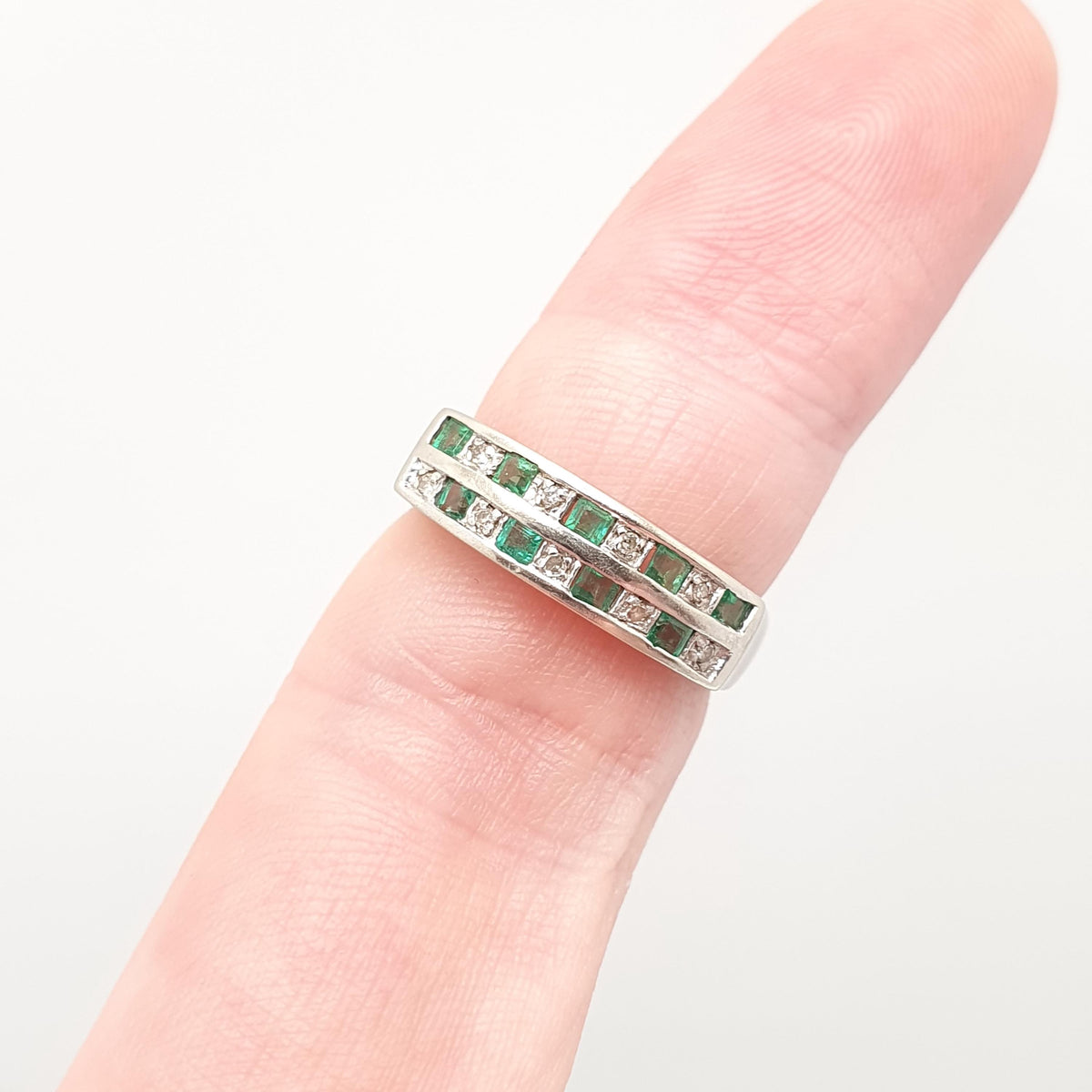 Vintage 9ct Gold Emerald & Diamond Ring Grid Double Row Solid White 9k 9kt Genuine Gemstones Jewelry Jewellery Womens UK N US 6 3/4
