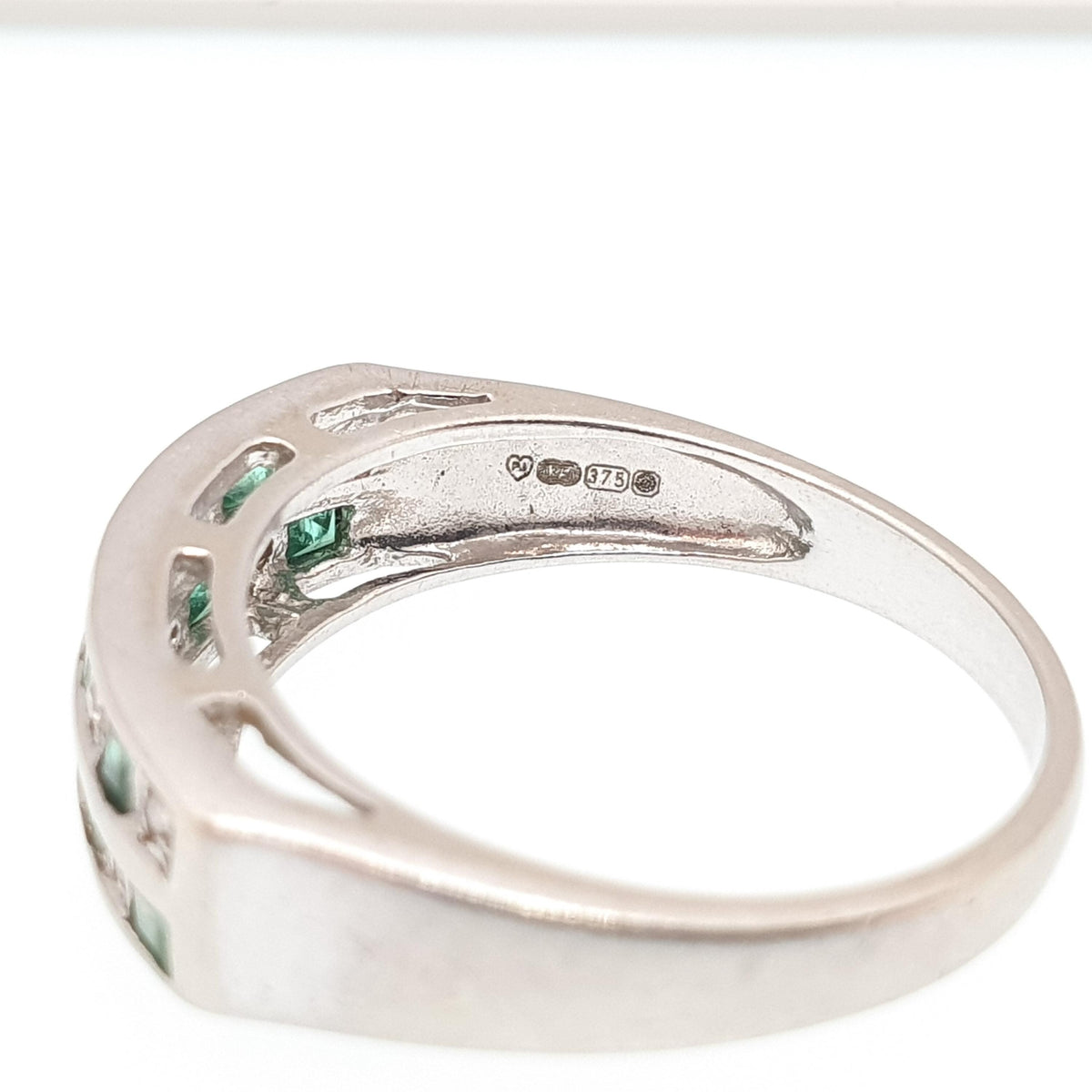 Vintage 9ct Gold Emerald & Diamond Ring Grid Double Row Solid White 9k 9kt Genuine Gemstones Jewelry Jewellery Womens UK N US 6 3/4