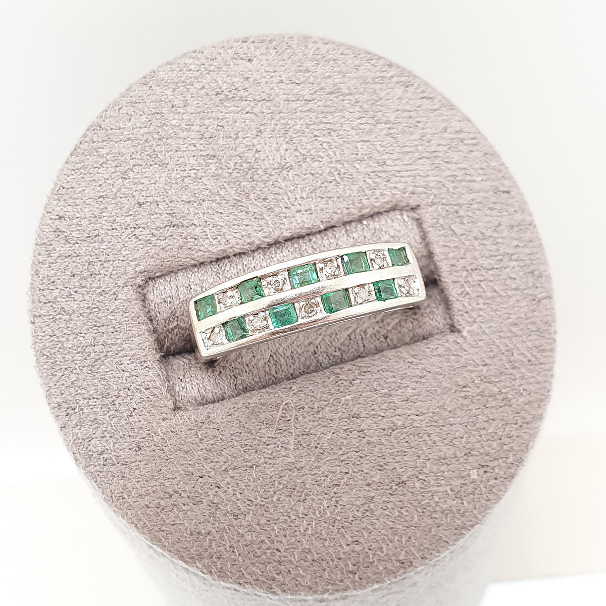 Vintage 9ct Gold Emerald & Diamond Ring Grid Double Row Solid White 9k 9kt Genuine Gemstones Jewelry Jewellery Womens UK N US 6 3/4