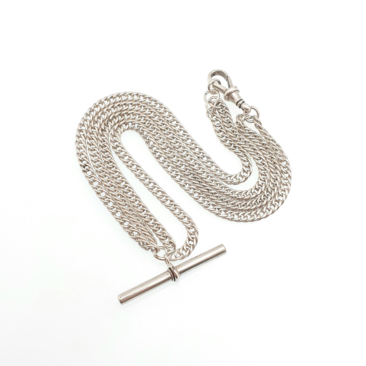 Antique Victorian Sterling Silver Albert Chain T Bar Necklace Double Curb Link Dog Clip 39cm 15.3" 30.73g Vintage Jewelry Womens
