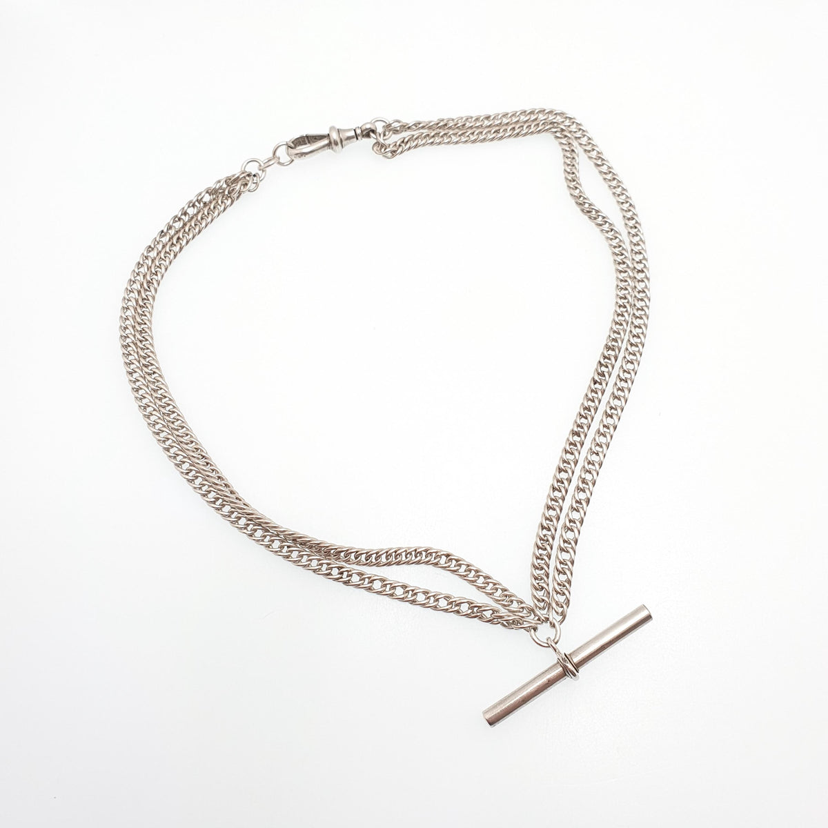 Antique Victorian Sterling Silver Albert Chain T Bar Necklace Double Curb Link Dog Clip 39cm 15.3" 30.73g Vintage Jewelry Womens