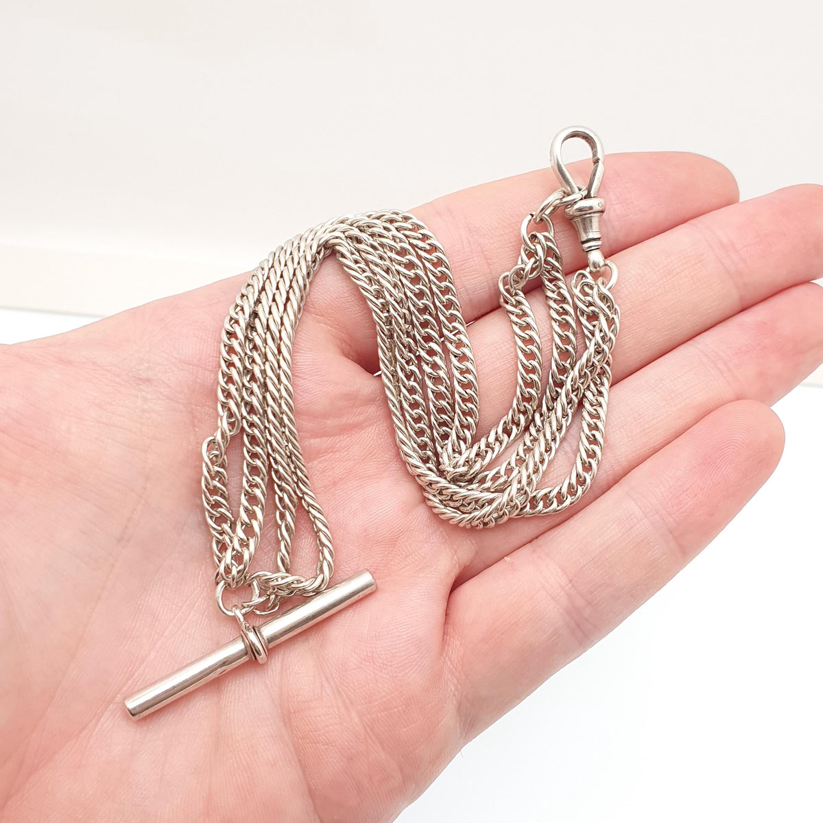 Antique Victorian Sterling Silver Albert Chain T Bar Necklace Double Curb Link Dog Clip 39cm 15.3" 30.73g Vintage Jewelry Womens
