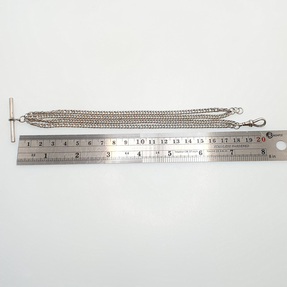 Antique Victorian Sterling Silver Albert Chain T Bar Necklace Double Curb Link Dog Clip 39cm 15.3" 30.73g Vintage Jewelry Womens