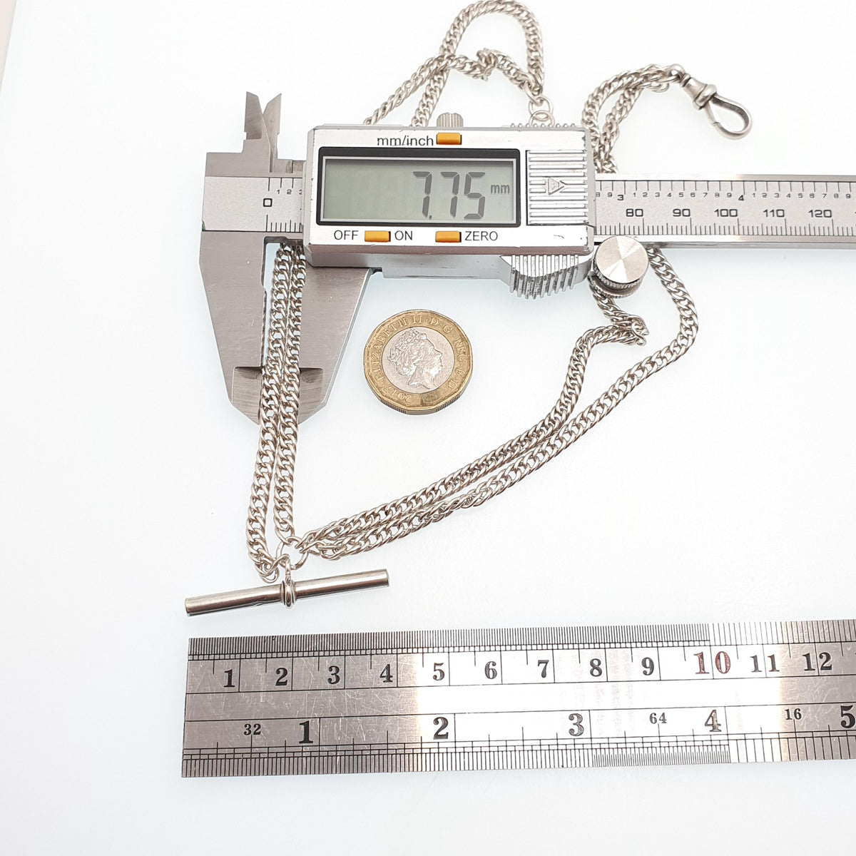 Antique Victorian Sterling Silver Albert Chain T Bar Necklace Double Curb Link Dog Clip 39cm 15.3" 30.73g Vintage Jewelry Womens