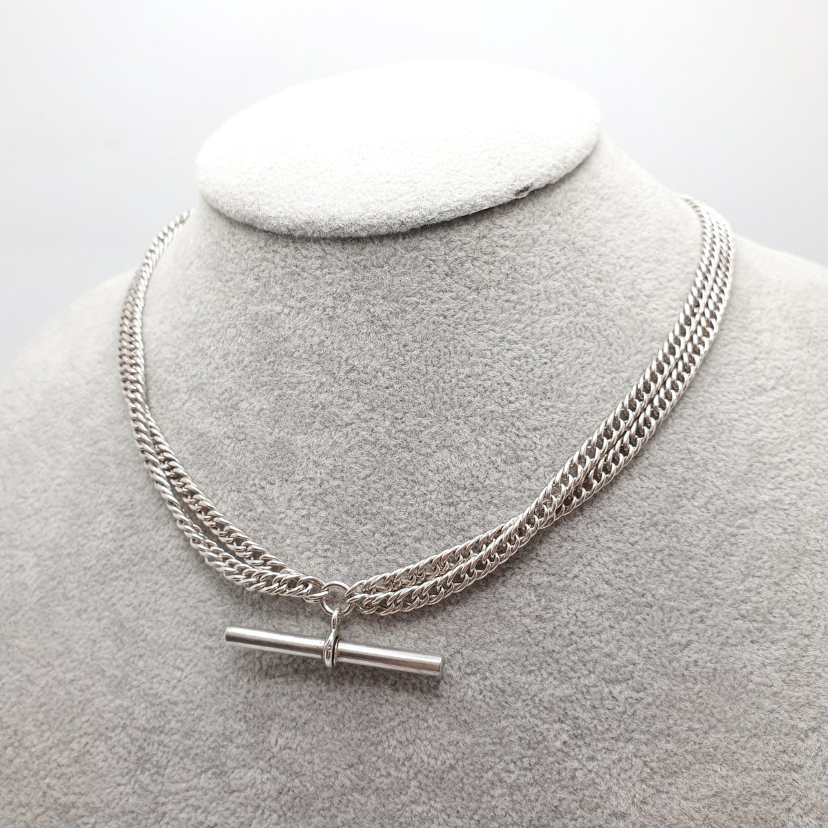 Antique Victorian Sterling Silver Albert Chain T Bar Necklace Double Curb Link Dog Clip 39cm 15.3" 30.73g Vintage Jewelry Womens