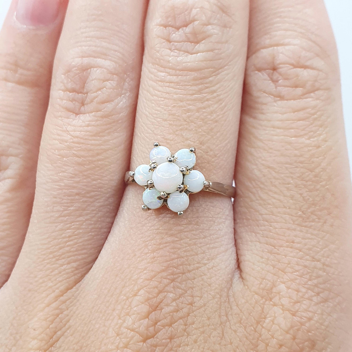 Vintage Rolled Gold Opal Ring Cluster Genuine White Opals Gold Filled Halo Flower Retro Womens Jewelry Jewellery UK P US 7.75