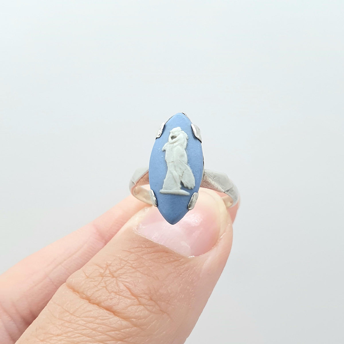 Vintage Sterling Silver Wedgwood Ring Marquise Sky Blue Jasperware Women Ladies Retro Jewelry Jewellery UK L US 5.75