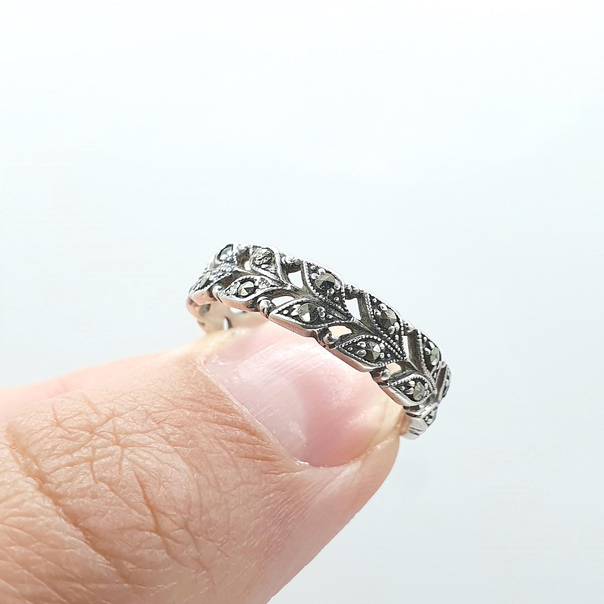 Antique Solid Silver Marcasite Eternity Ring Double Row Art Deco Leaf Pattern Promise Gift Women’s Mens Jewelry Jewellery UK N.5 US 7
