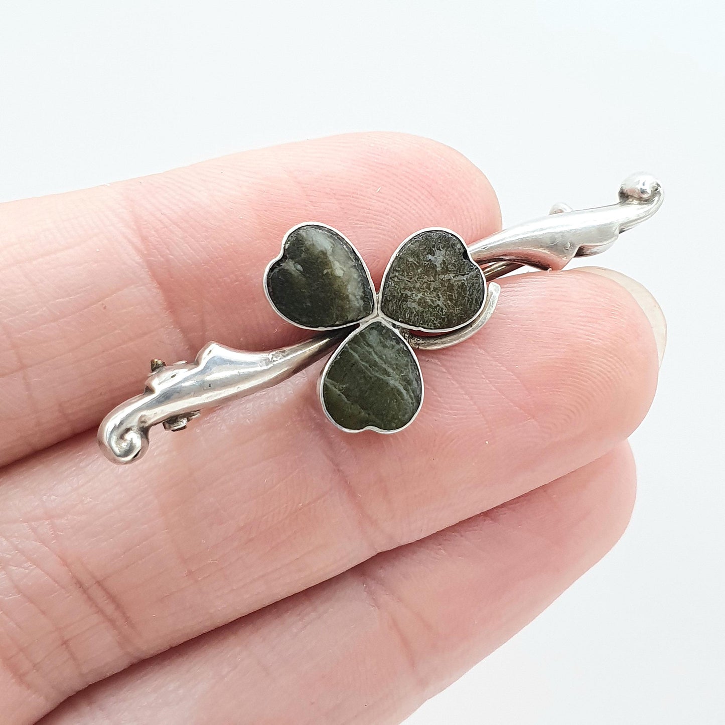 Antique Sterling Silver Connemara Marble Clover Brooch 1914 Hallmark Irish Three Leaf Good Lucky Celtic Vintage Womens Jewelry Jewelry