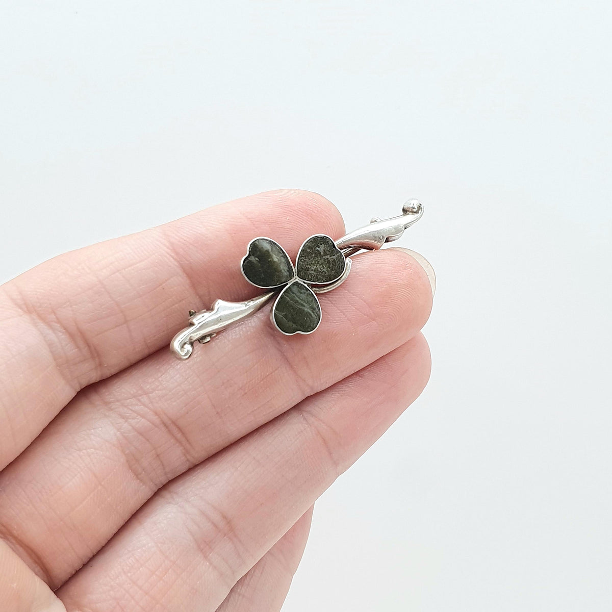 Antique Sterling Silver Connemara Marble Clover Brooch 1914 Hallmark Irish Three Leaf Good Lucky Celtic Vintage Womens Jewelry Jewelry
