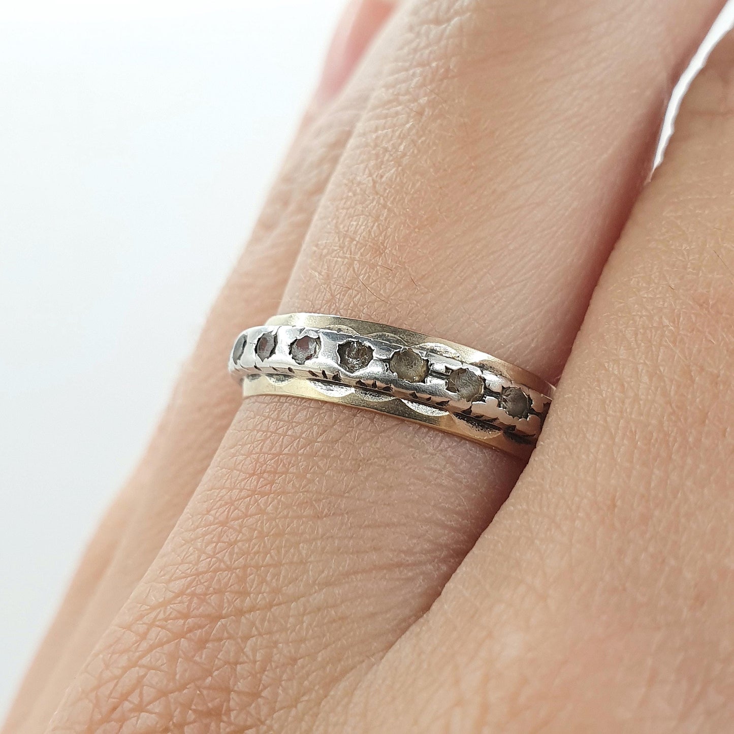 Antique 9ct Gold & Solid Silver White Spinel Eternity Ring Art Deco Gift Vintage Womens Jewelry Jewellery UK O US 7.25