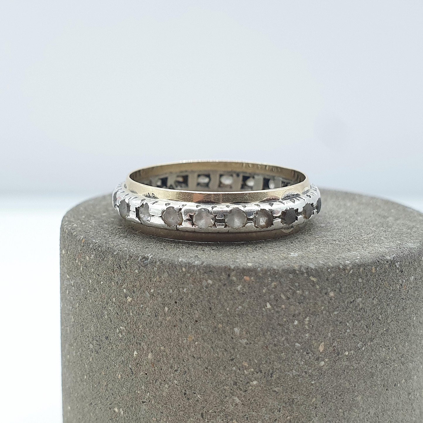 Antique 9ct Gold & Solid Silver White Spinel Eternity Ring Art Deco Gift Vintage Womens Jewelry Jewellery UK O US 7.25