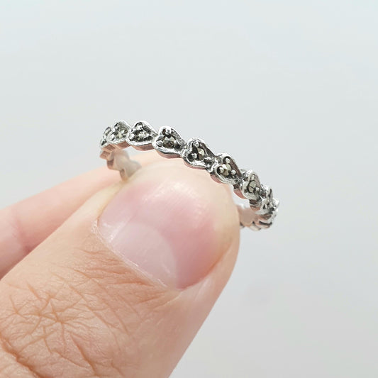 Antique Art Deco Solid Silver Marcasite Eternity Ring Heart Shape Band Stacker Vintage Womens Jewelry Jewellery UK N US 6 3/4