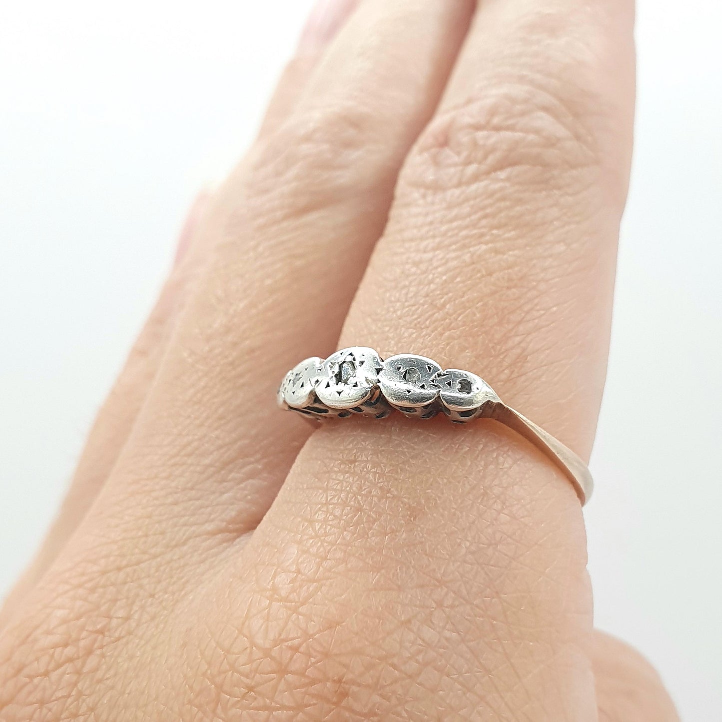 Antique 9ct Gold & Solid Silver Diamond Ring 5 Stone Genuine Real Diamonds Solid 9k Shank Vintage Womens Jewellery Jewelry UK P US 7.75