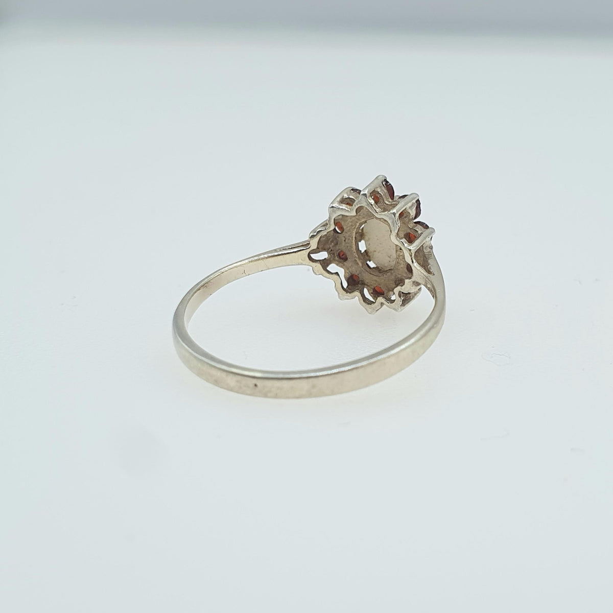 Vintage Sterling Silver Garnet & Opal Ring Cluster Halo Red Gemstone Retro Womens Mens Jewelry Jewellery UK L.5 US 6