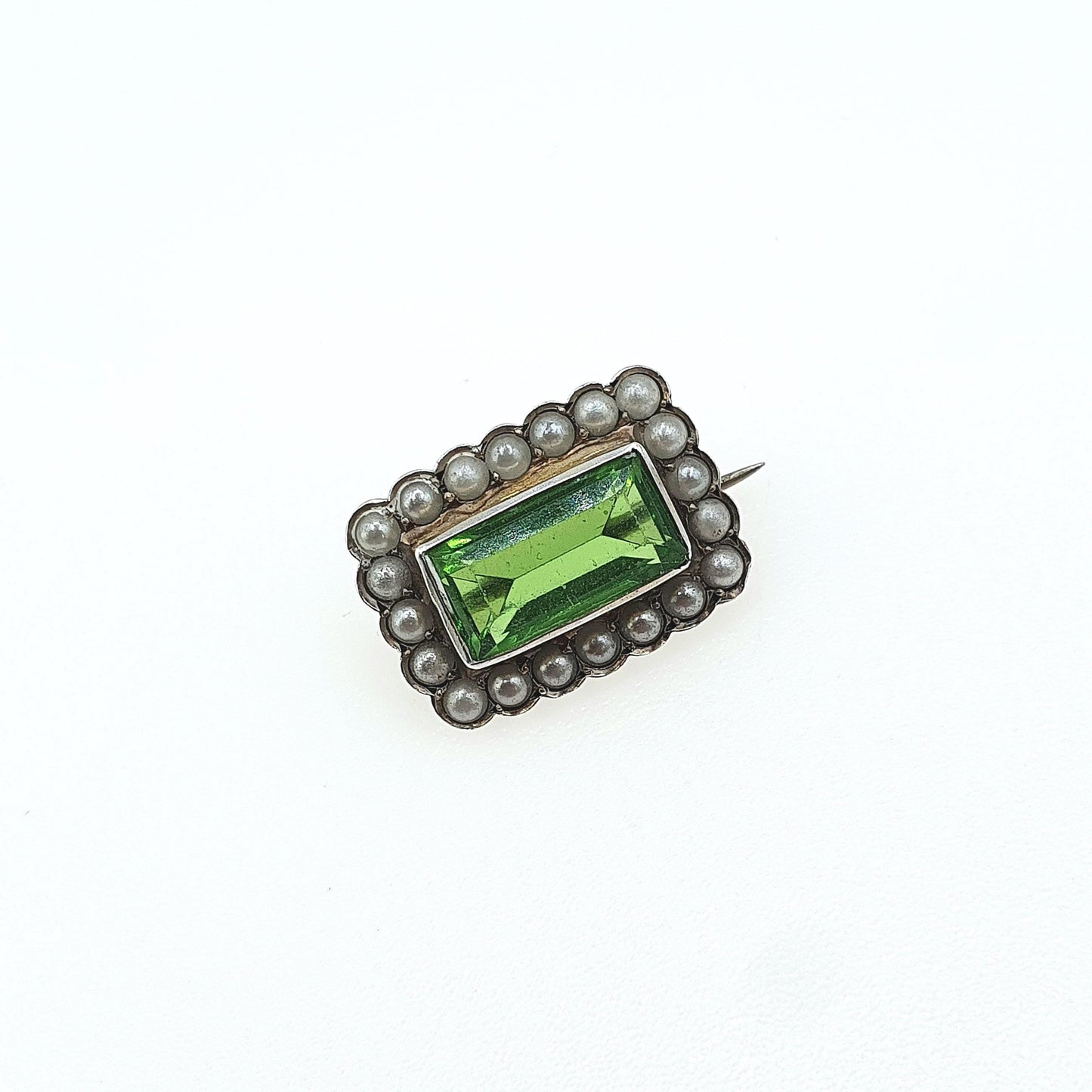 Antique Victorian Solid Silver Peridot Paste Brooch Seed Pearl Rectangular Cut Womens Green Glass Jewelry Jewellery Vintage