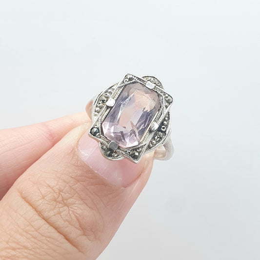 Antique Sterling Silver Natural Amethyst Ring Art Deco Marcasite Rectangular Purple Gemstone Womens Jewelry Vintage Jewellery UK L.5 US 6