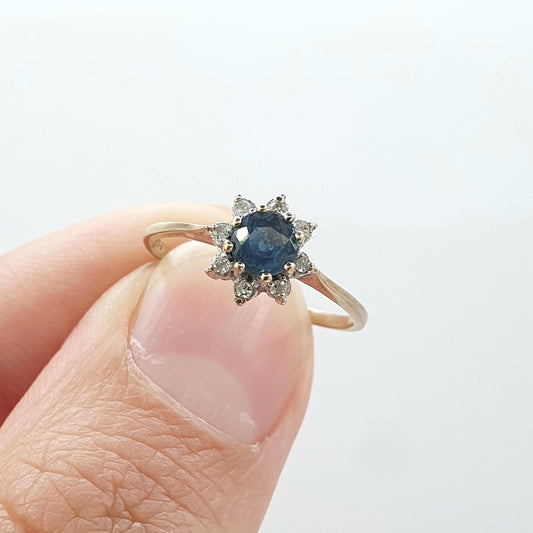Vintage 9ct Gold Sapphire & Diamond Halo Ring Cluster Solid 9k 9kt Round Cut Blue Gemstone Retro Womens Jewelry Jewellery UK K.5 US 5.5