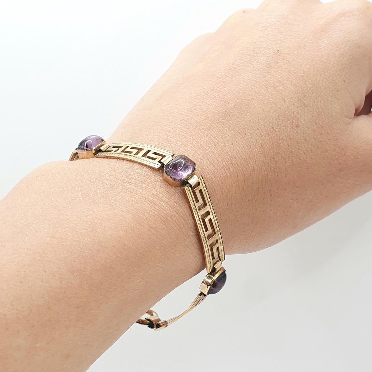 Antique Victorian Rolled Gold Amethyst Paste Bracelet Greek Key Pattern Gold Filled 9.52g 18.5cm Vintage Jewelry Jewellery Womens