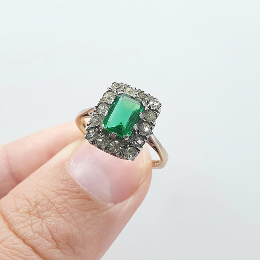 Antique 9ct Gold & Solid Silver Emerald Paste Ring Halo Rectangular Diamond Pastes 1920s Vintage Jewelry Womens Jewellery UK M US 6.25