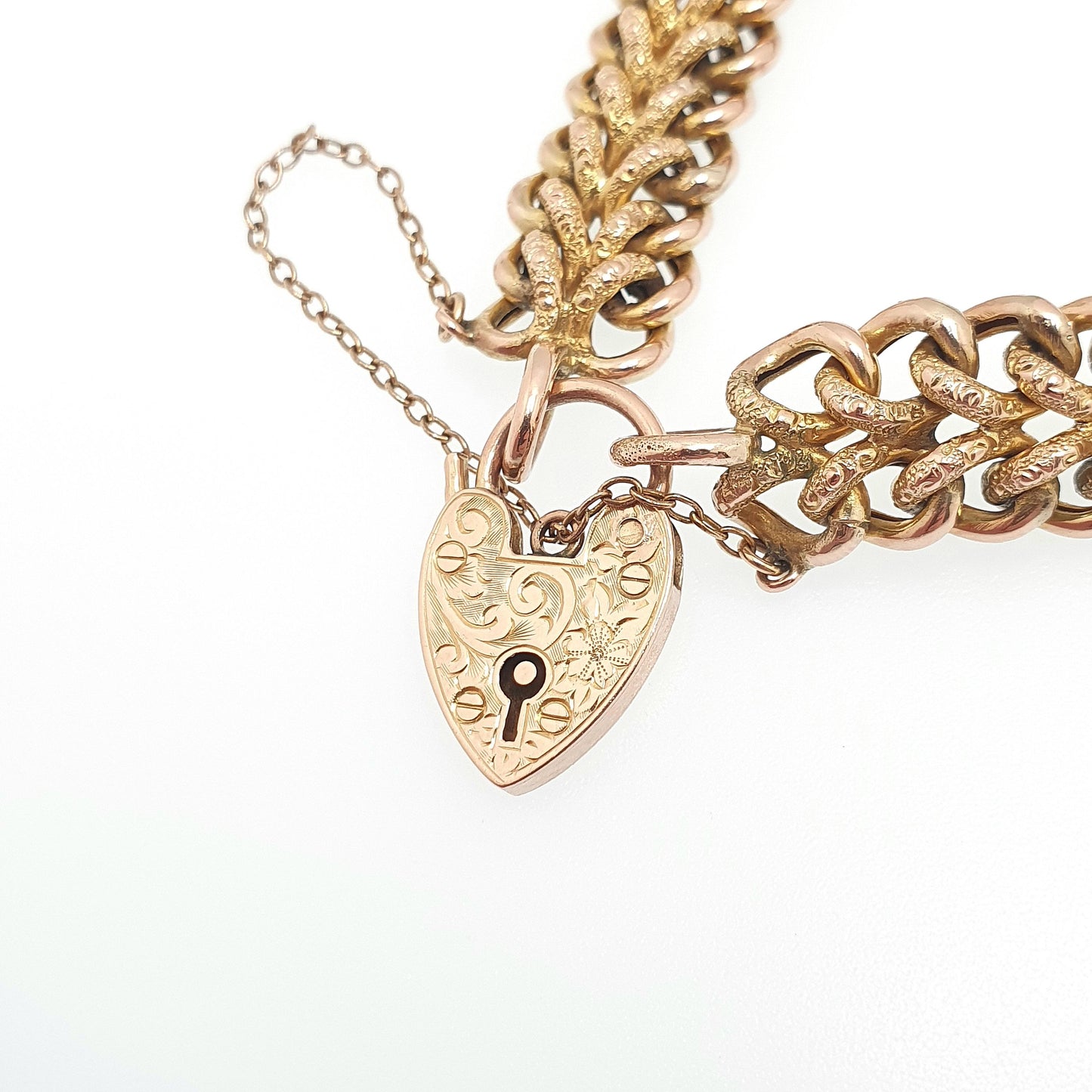 Antique 9ct Rose Gold Curb Link Bracelet Engraved Padlock Double Textured 17.11g 19cm Victorian Solid 9kt 9k Vintage Jewelry Jewellery