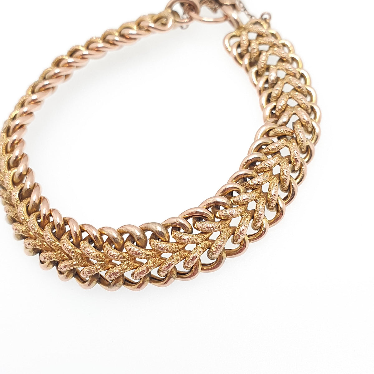 Antique 9ct Rose Gold Curb Link Bracelet Engraved Padlock Double Textured 17.11g 19cm Victorian Solid 9kt 9k Vintage Jewelry Jewellery