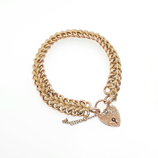 Antique 9ct Rose Gold Curb Link Bracelet Engraved Padlock Double Textured 17.11g 19cm Victorian Solid 9kt 9k Vintage Jewelry Jewellery