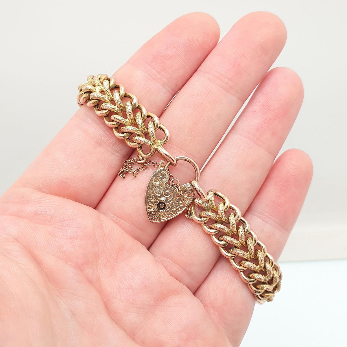 Antique 9ct Rose Gold Curb Link Bracelet Engraved Padlock Double Textured 17.11g 19cm Victorian Solid 9kt 9k Vintage Jewelry Jewellery