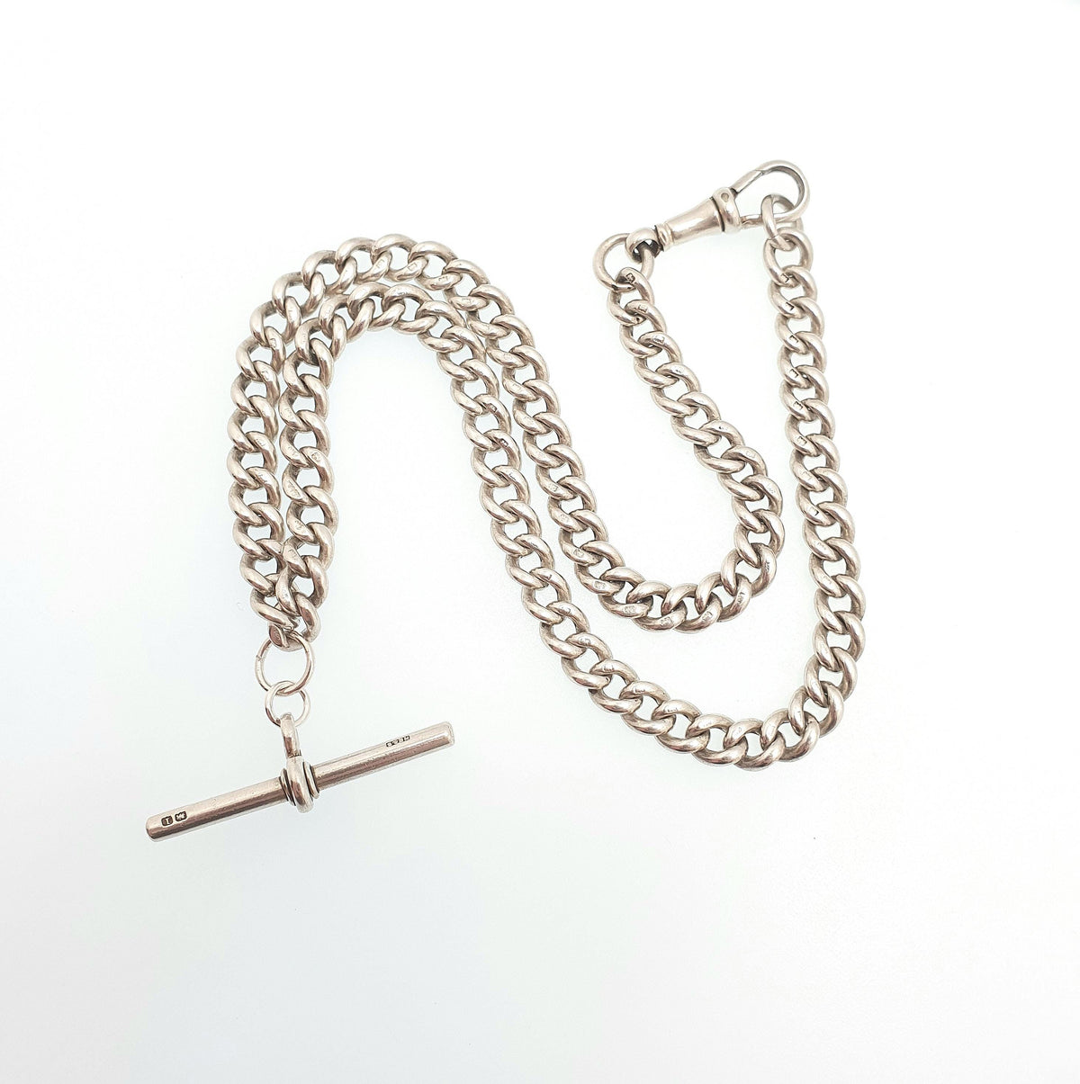 Antique Victorian Sterling Silver Albert Chain T Bar Necklace Curb Link Dog Clip 41cm 16.1" 45.05g 1885 Hallmark Vintage Jewelry Womens