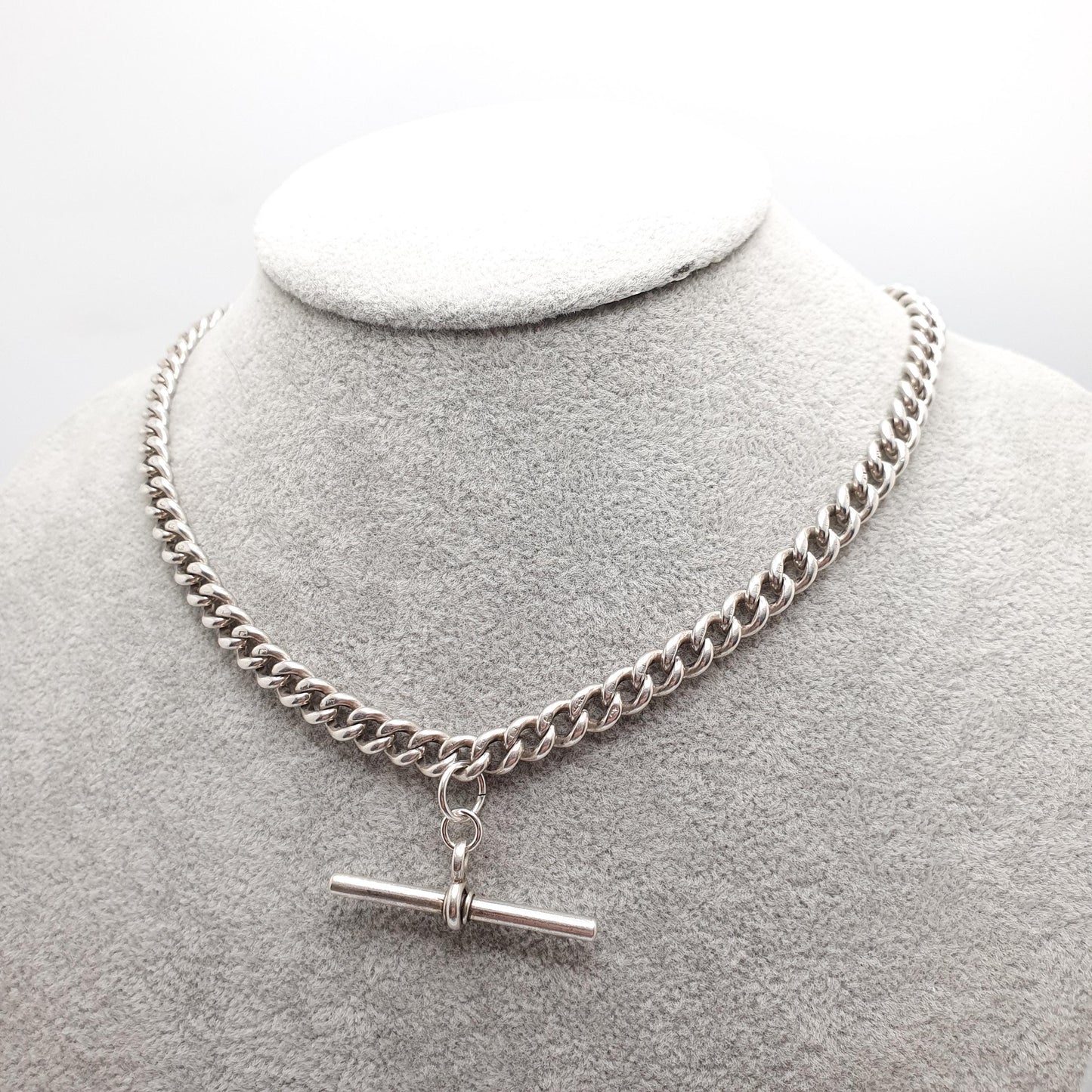 Antique Victorian Sterling Silver Albert Chain T Bar Necklace Curb Link Dog Clip 41cm 16.1" 45.05g 1885 Hallmark Vintage Jewelry Womens