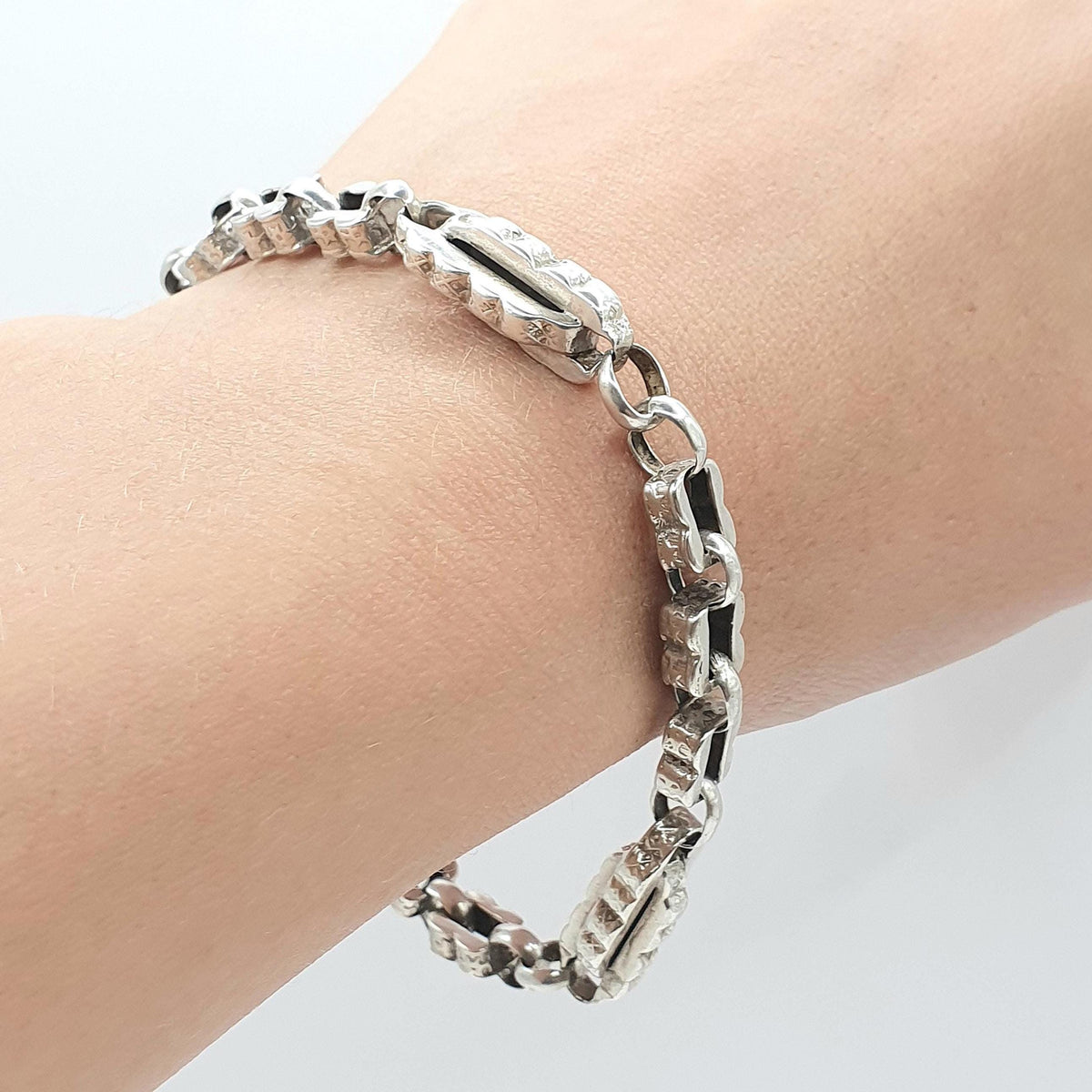 Antique Victorian Solid Silver Albert Chain Bracelet Fancy Link Staple Square Vintage Womens Jewelry Jewellery Mens 12.32g 20cm 7.8”