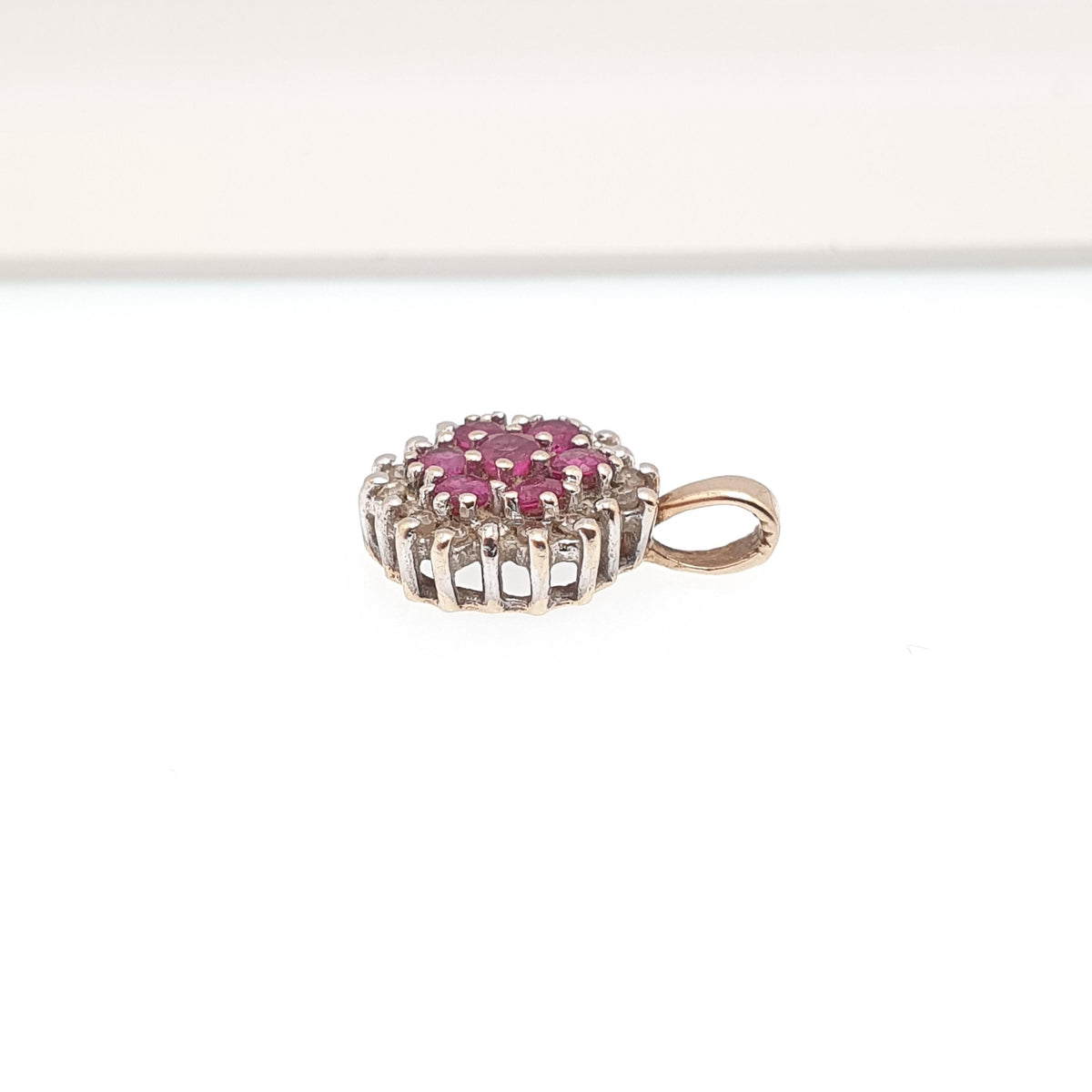 Vintage 9k 9ct Gold Ruby & Diamond Necklace Pendant Flower Cluster Genuine Gemstones Solid 9kt Womens Jewelry Retro Jewellery